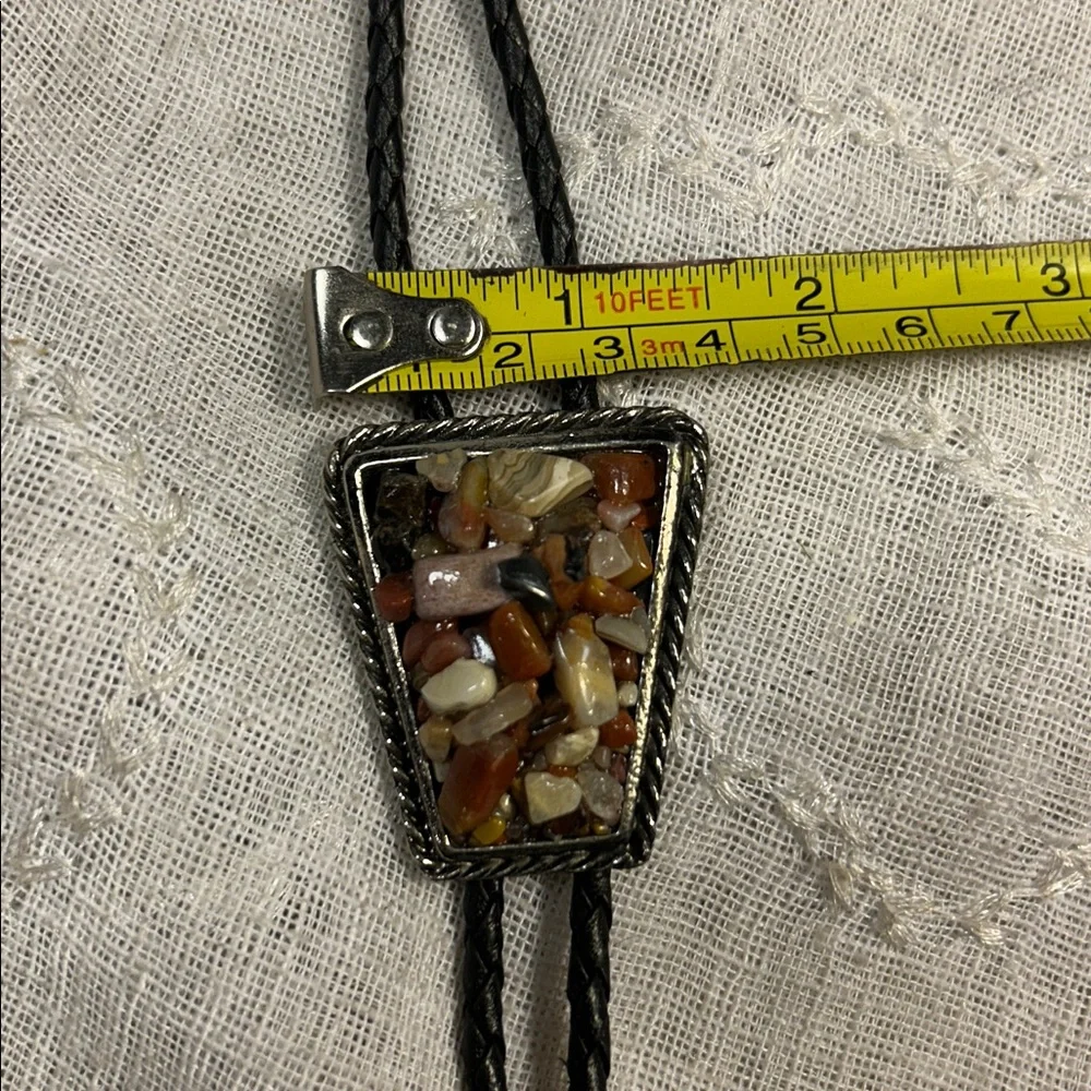Vintage Bolo tie western leather, ornate medallion natural agate, jasper, etc